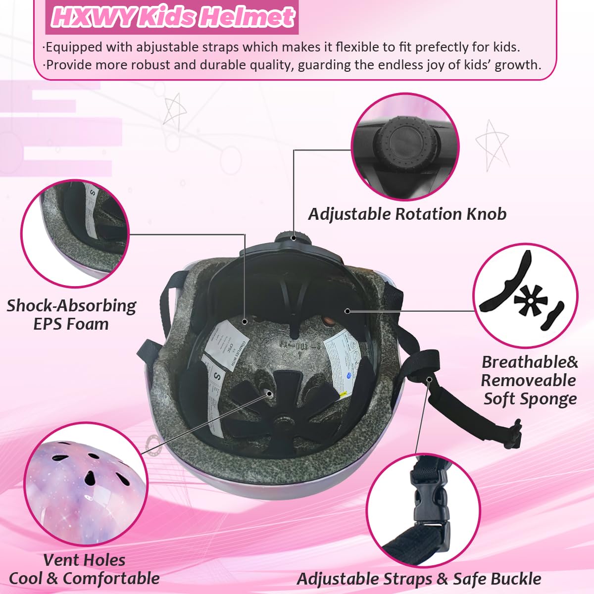 Casco de bicicleta para niños y jóvenes, con certificado CPSC, cascos de protección ajustables de color rosa estrellado para múltiples deportes, ciclismo, patinaje, patinaje (talla M) 2