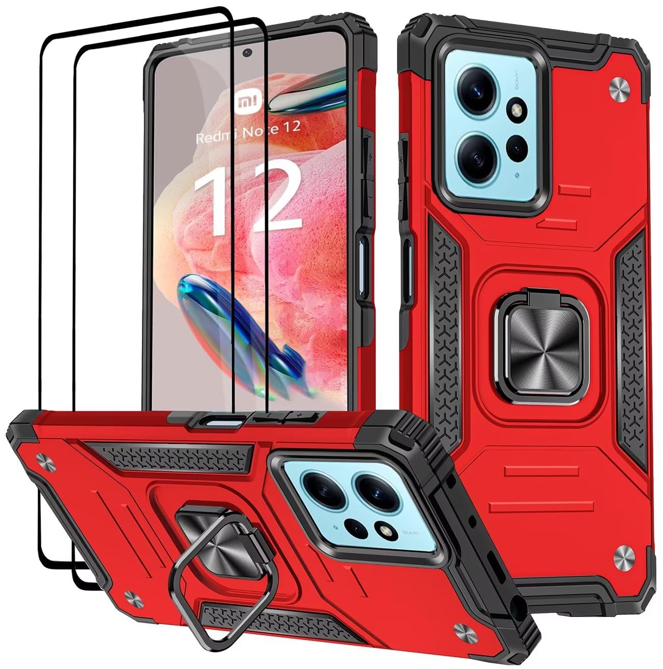 Con Anello Da Dito E Supporto ESTH® Cover Per Xiaomi Redmi Note 12 4G Con Custodia Per Fotocamera Scorrevole E Supporto Ad Anello [Custodia Paraurti Compatibile Con Supporto Magnetico Per Auto], Nero