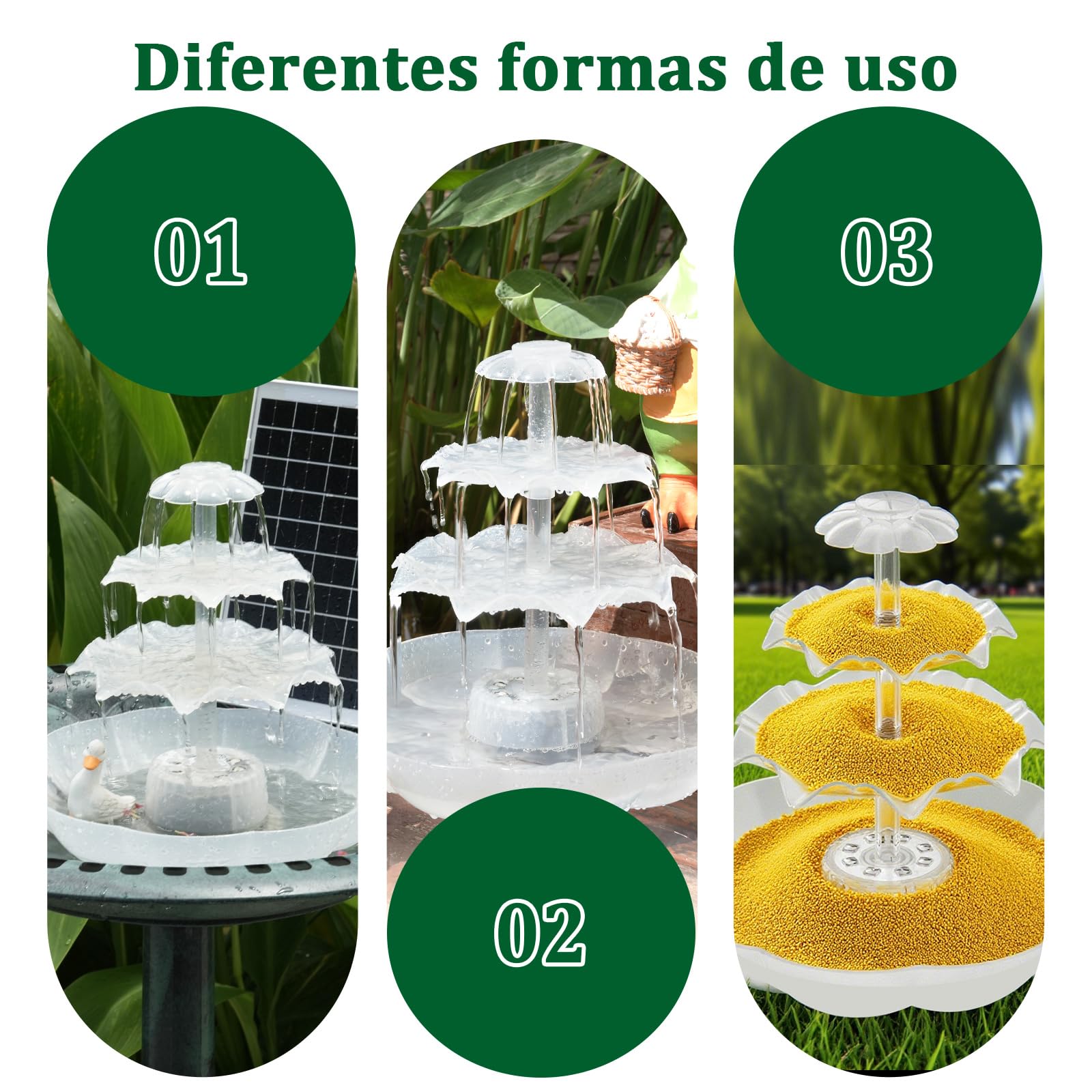 AISITIN Fuente Solar LED 6.5W con Batería, Baño para Pájaros | Batería 1800mAh Comedero 3 Niveles Desmontable Para Jardín Estanque Blanco