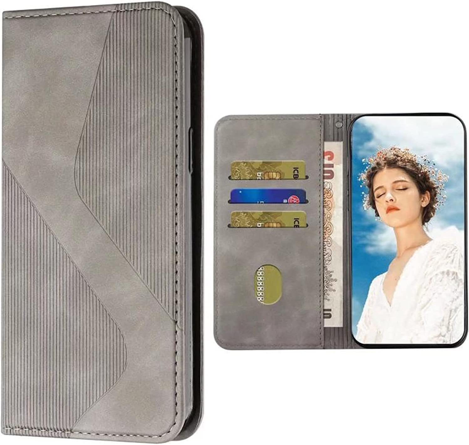 COOVS Wallet Case for iPhone 14/14 Plus/14 Pro/14 Pro Max, Magnetic Flip Leather Case with Card Slots Kickstand Shockproof Protective Cover (Color : Grey, Size : 14 Plus 6.7")