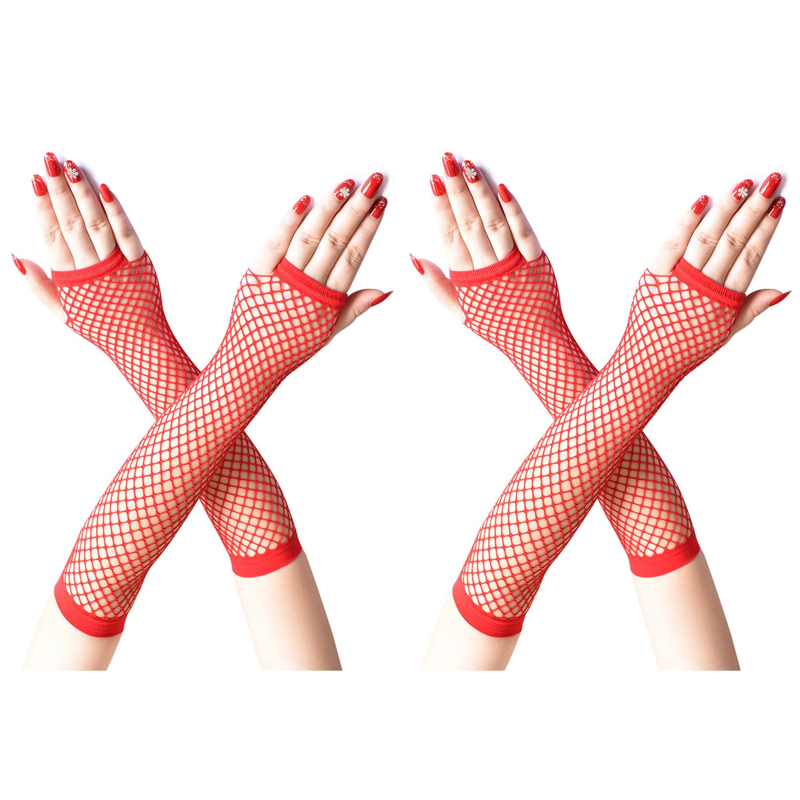 COSFAN 2 works Fingerless Fishnet Gloves 80s Gloves for Women Stretchable Mesh Gloves Nylon Hollow Glove for Dance Halloween Party (Red)