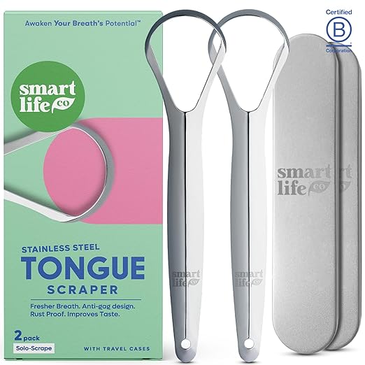 Tongue Scraper For Adults & Kids - 2 Pack Stainless Steel Tongue Scraper Travel Metal Case | Mouth Cleaner For Bad Breath Treatment | Best Disposable No Plastic Scrubber | Oral Care Hygiene Essentials