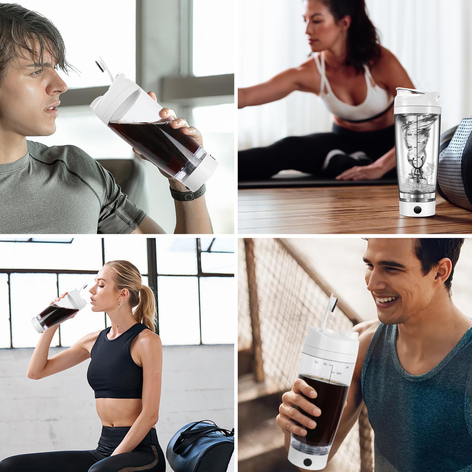 600 ml Shaker Proteine Elettrico, Bottiglia shaker, Senza BPA, Portatile Mixer Cup, Tazze Shaker ricaricabile USB C per Frullati Proteici, Protein Shaker Bottle per Frullati Proteici - bianco