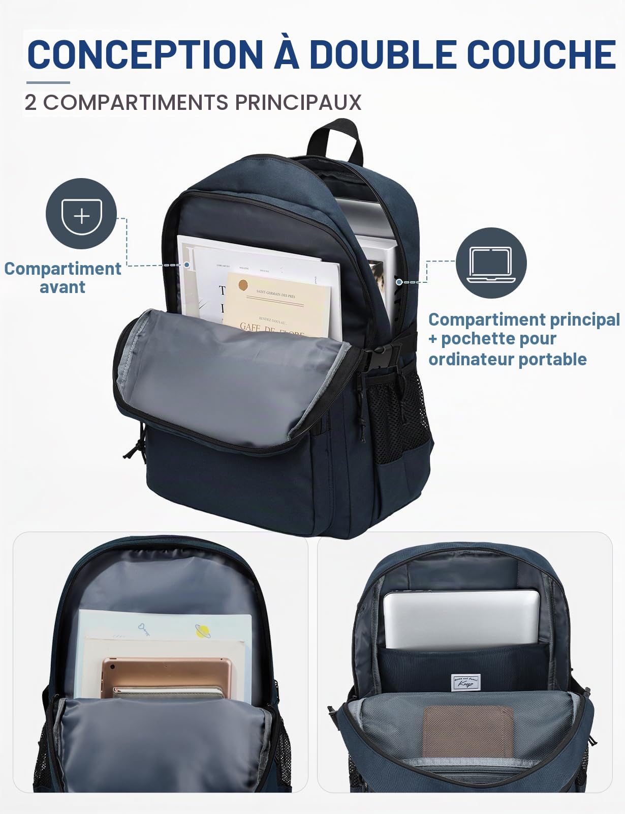 Sac à Dos College, Grand Sac a Dos École Garçon Fille 2 Compartiments 15,6 Pouces Ordinateur Léger Résistant à l'Eau​​ Cartable Ados Homme Femme pour Scolaire Lycée Voyage Travail 20L Bleu
