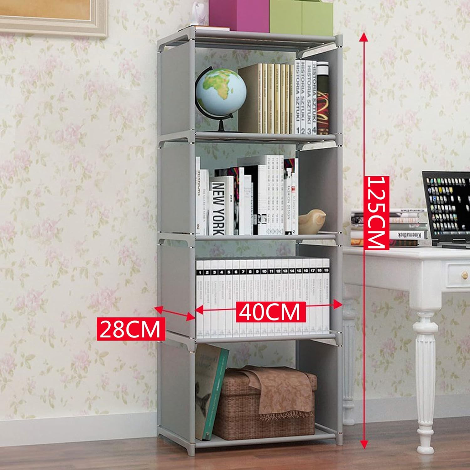 4-Tiers Portable Bookshelf with Fabric Cloth, 4 Cube Closet Storage Organizer Bookcase, Grey Storage Rack Shelf Shelving for Living Room, Study Room, Bedroom