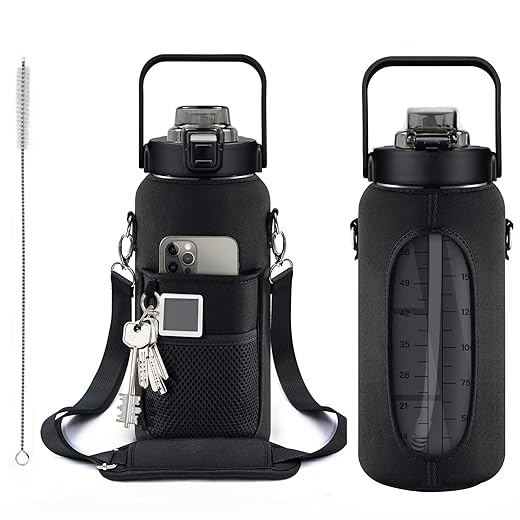 Half Gallon Water Bottle With Sleeve 64oz (2L) Inspirational Water Bottle With Straw and Time Stamp, Drinkable Leak-Proof Tritan BPA-Free Bottle, Large Water Jug for Gym,Sports Bottles