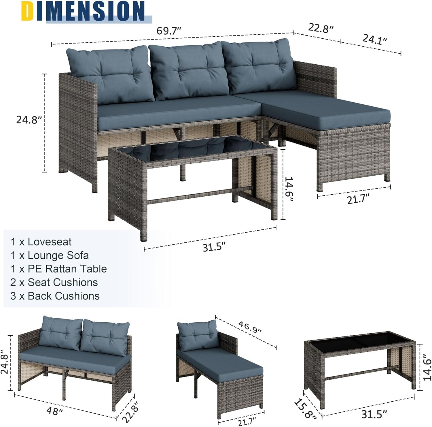 3 Pieces Patio Furniture Sets All-Weather Wicker Outdoor Sofa Couch Small Conversation Sectional Set with Cushions Glass Table for Backyard Porch Balcony Poolside(Gray)