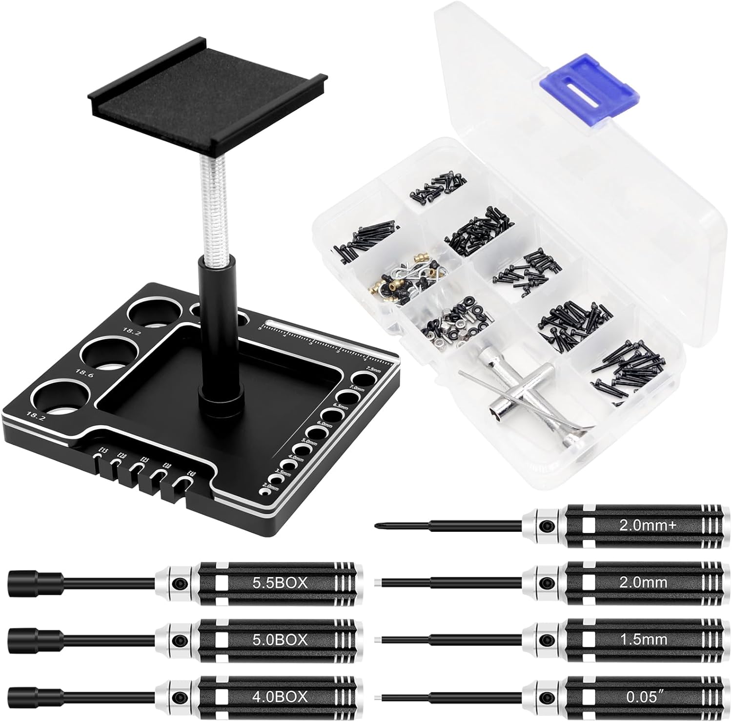 OGRC 7 in 1 Multifunctional RC Car Work Stand RC Repair Stand with 7Pcs Screwdrivers and 1/24 RC Screw Kit for AXIAL SCX24 AX24 1/24 RC Car (Black)