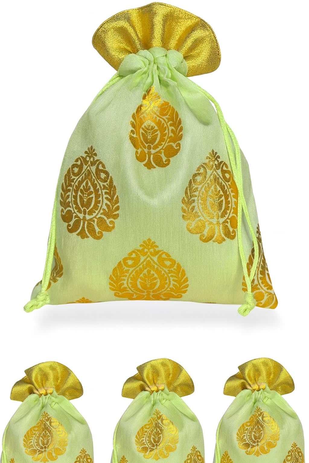 Abhaas 10Pcs Drawstrings Potli Bag For Gifting|23X18CM|for Ladies Wedding,Party Bag Potli Leaf Print For Women Kitty Parties With Bells Reusable Return Gift Purpose,Shagun Pouch,Candy Bags,Sky Green