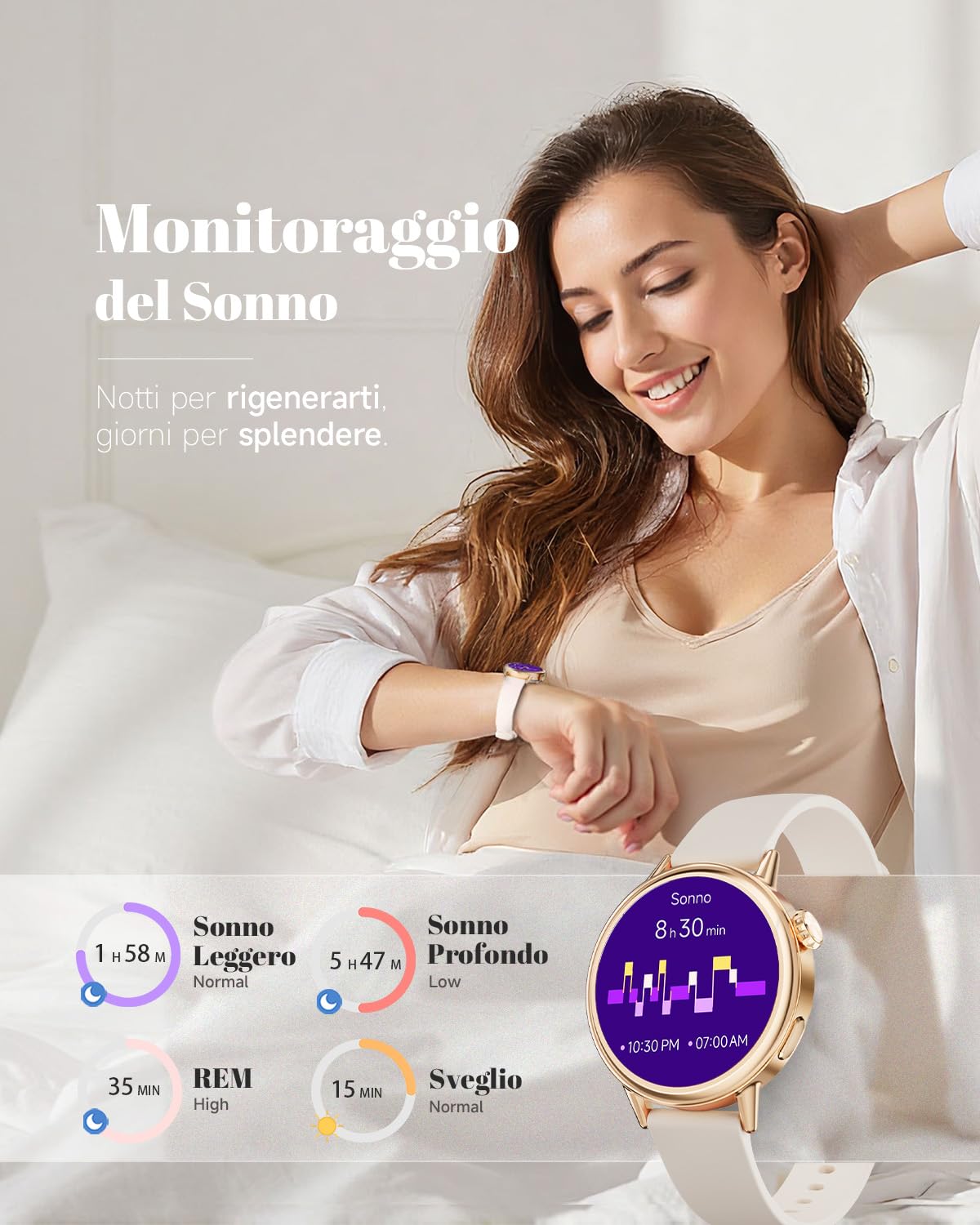 TOOBUR 37mm AMOLED Piccolo Smartwatch per Donna Rotondo, Beige | Orologio Fitness - Contapassi/Frequenza Cardiaca/Calorie, Smartwatch Compatibili con Android e iOS