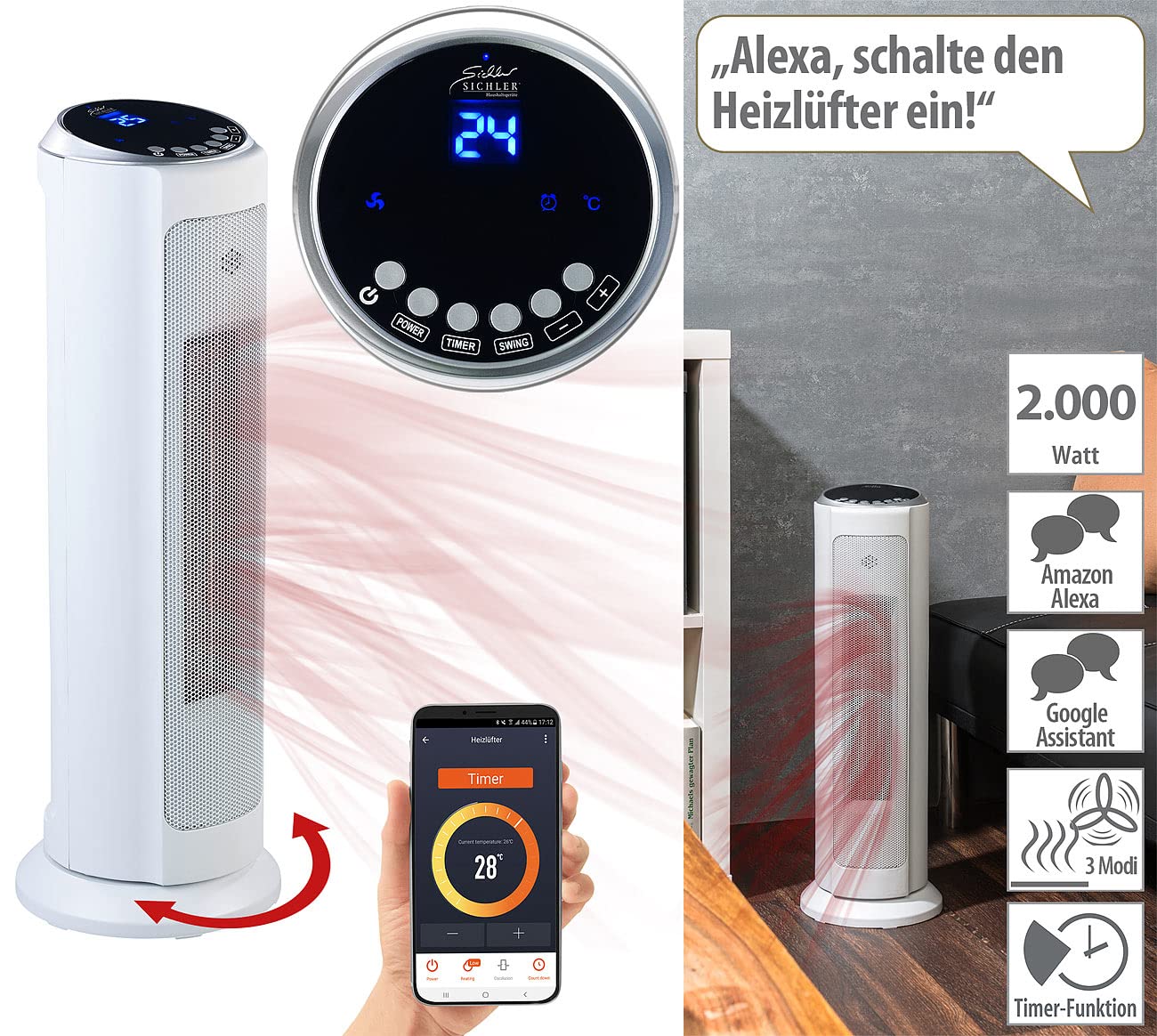 Sichler Haushaltsgeräte calefactor cerámico WiFi de torre 2000 W, compatible con Alexa y Google Assistant