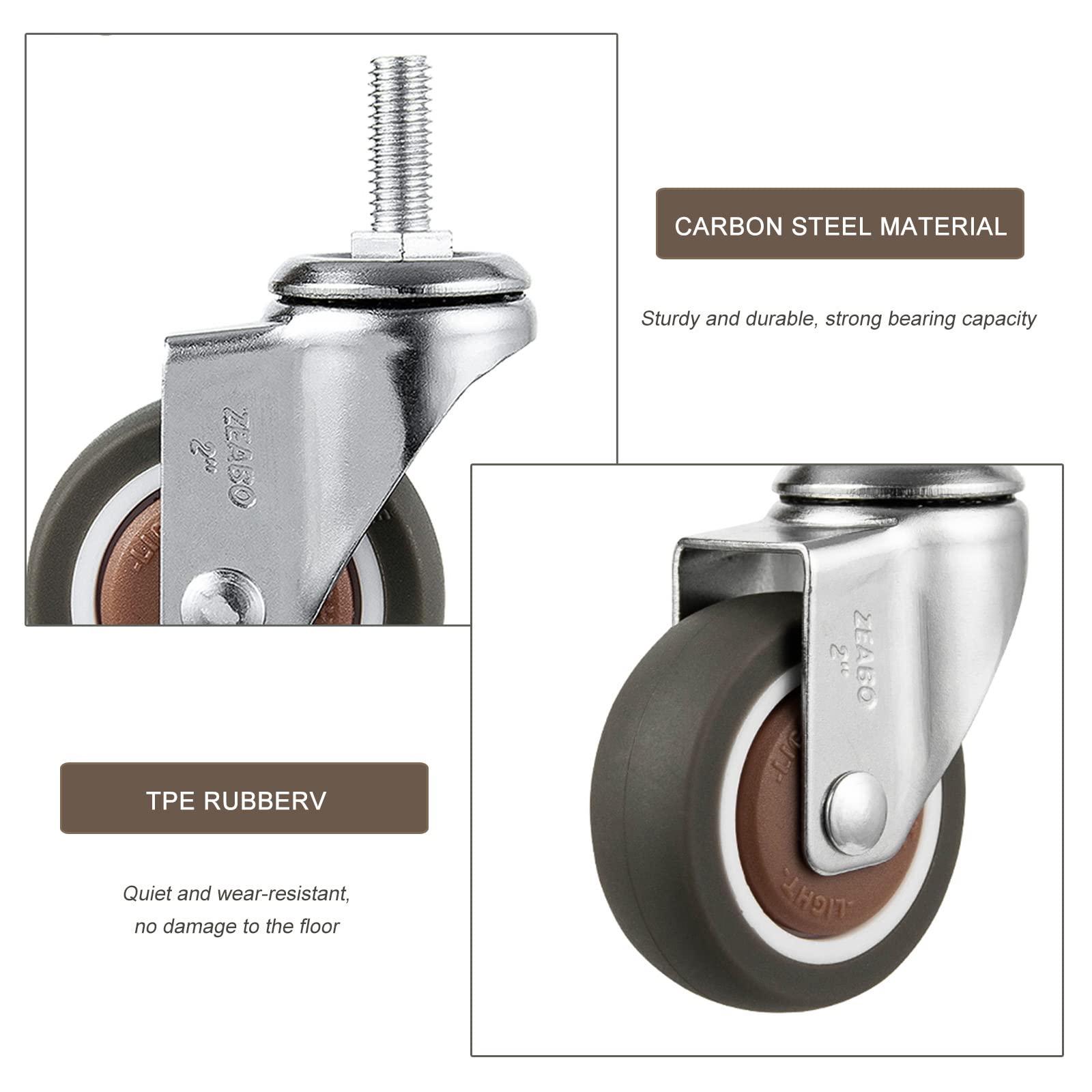 4 Ruote girevoli per impieghi gravosi da 25 mm/38 mm/50 mm, Ruote girevoli con Freno/Senza Freno, Piccole Ruote girevoli silenziose in Gomma TPE, Ruote girevoli di Ricambio per mobili, 2 Sen