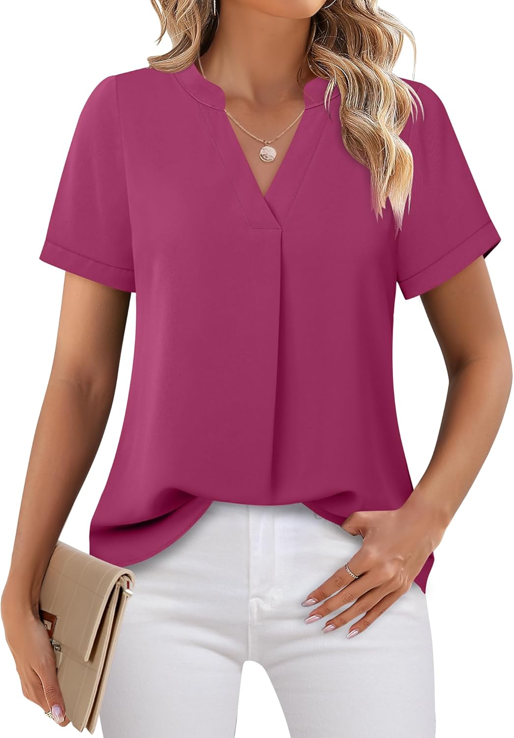 Timeson Womens Blouses and Tops Dressy: Chiffon V Neck Blouse Tops - Summer Professional Work Shirts for Women Office Short Sleeve Tunics Tops Ladies Dressy Tops Business Casual Formal Rose Medium - Image 2