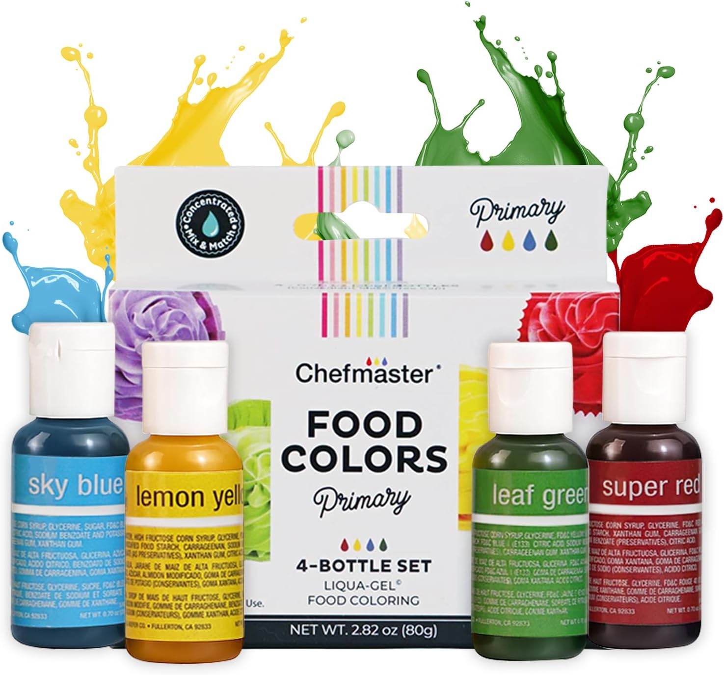 Chefmaster - Primary Colors Liqua-Gel Food Coloring Kit - Water-Based Food Coloring Gel - 4 Pack - Highly Pigmented, Create Vividly Colored Desserts, Easy-To-Blend Formula - Made in the USA