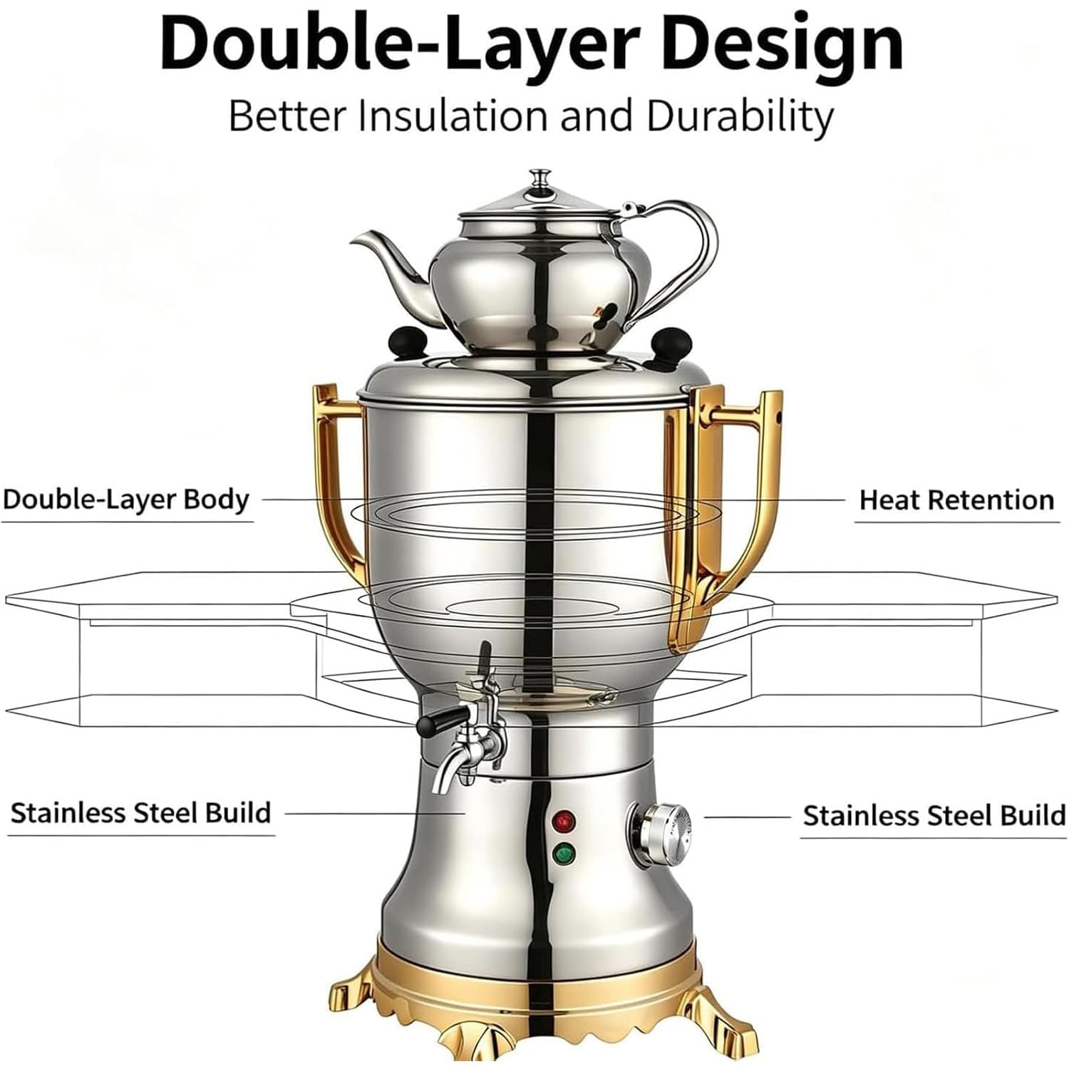 Samovar Elettrico Turco Da 1800 W Con Riscaldamento Rapido E Funzione Samovar, Completo Di Bollitore Da 4 Litri E Teiera Da 1 Litro, Set Da Tè In Acciaio Inox Con Sistema Anti-ebollizione A Secco