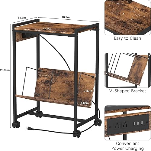 Miniatura 3 de Soporte para tocadiscos marrón con mesa auxiliar de almacenamiento de vinilo con estación de carga, carrito de impresora con ruedas junto al soporte