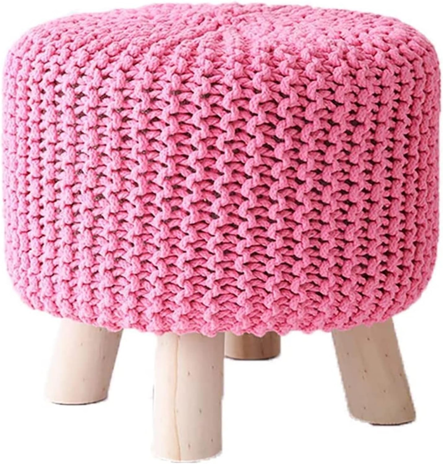 Shoe Cabinet Round Footstool Stool Small Footstool with Legs Upholstered Footstool with Removable Linen Cover - Handmade Wool Knitted Stool (Color : Pink)