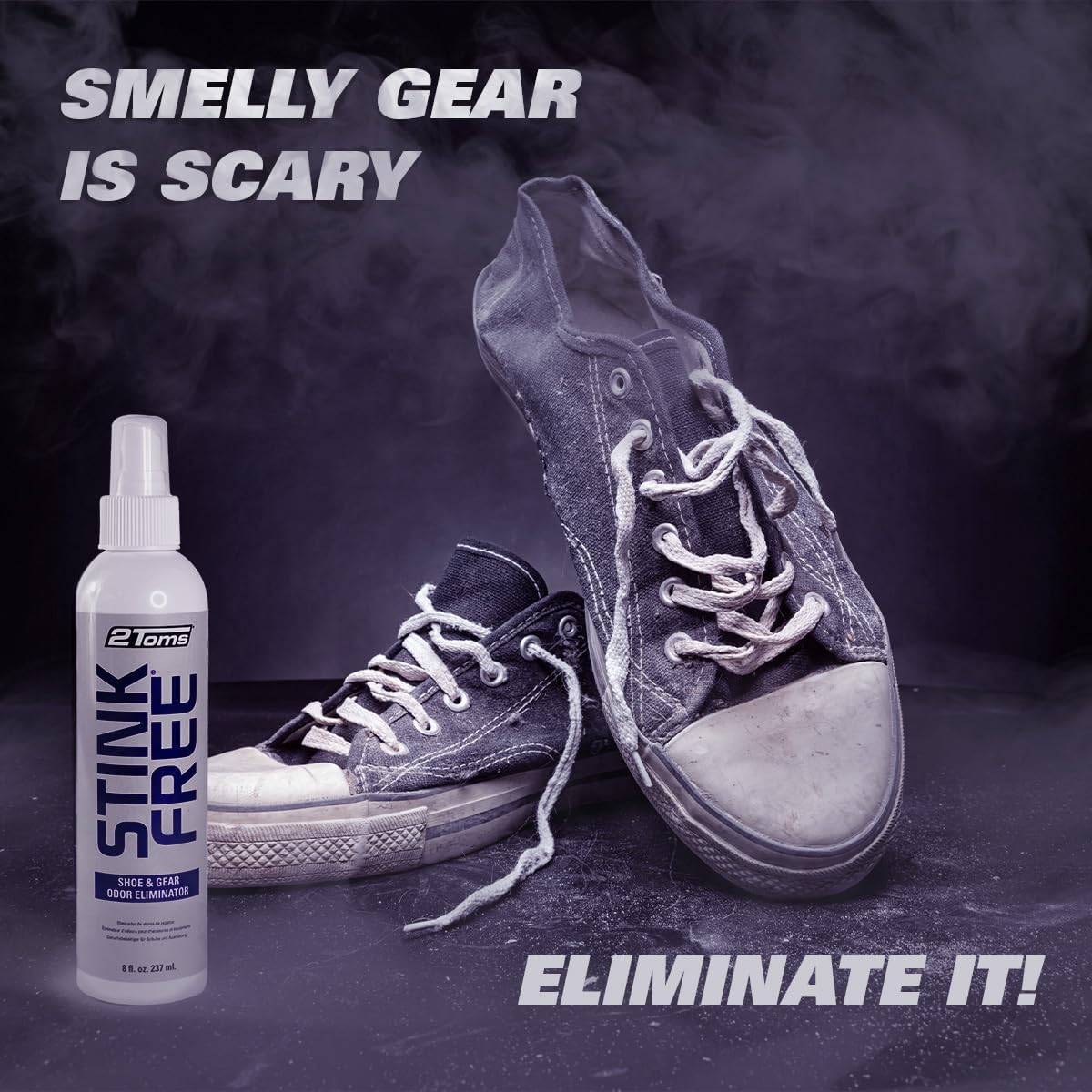 2Toms StinkFree Shoe Odor Eliminator Spray, Removes Odors Caused by Sweat in Shoes, Sneakers, Cleats, Boots & Gear, 8 Ounces, 2 Bottles