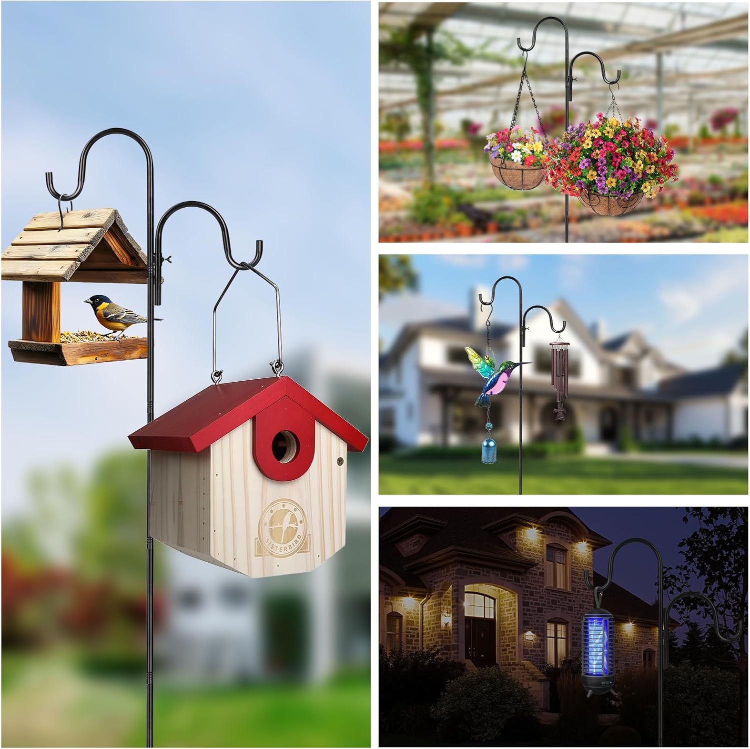 Double Sheperds Hooks for Outdoor,76inch Adjustable Pole Bird Feederr,Plant Hangers,Weddings Decor Matte Black(2 Pack)