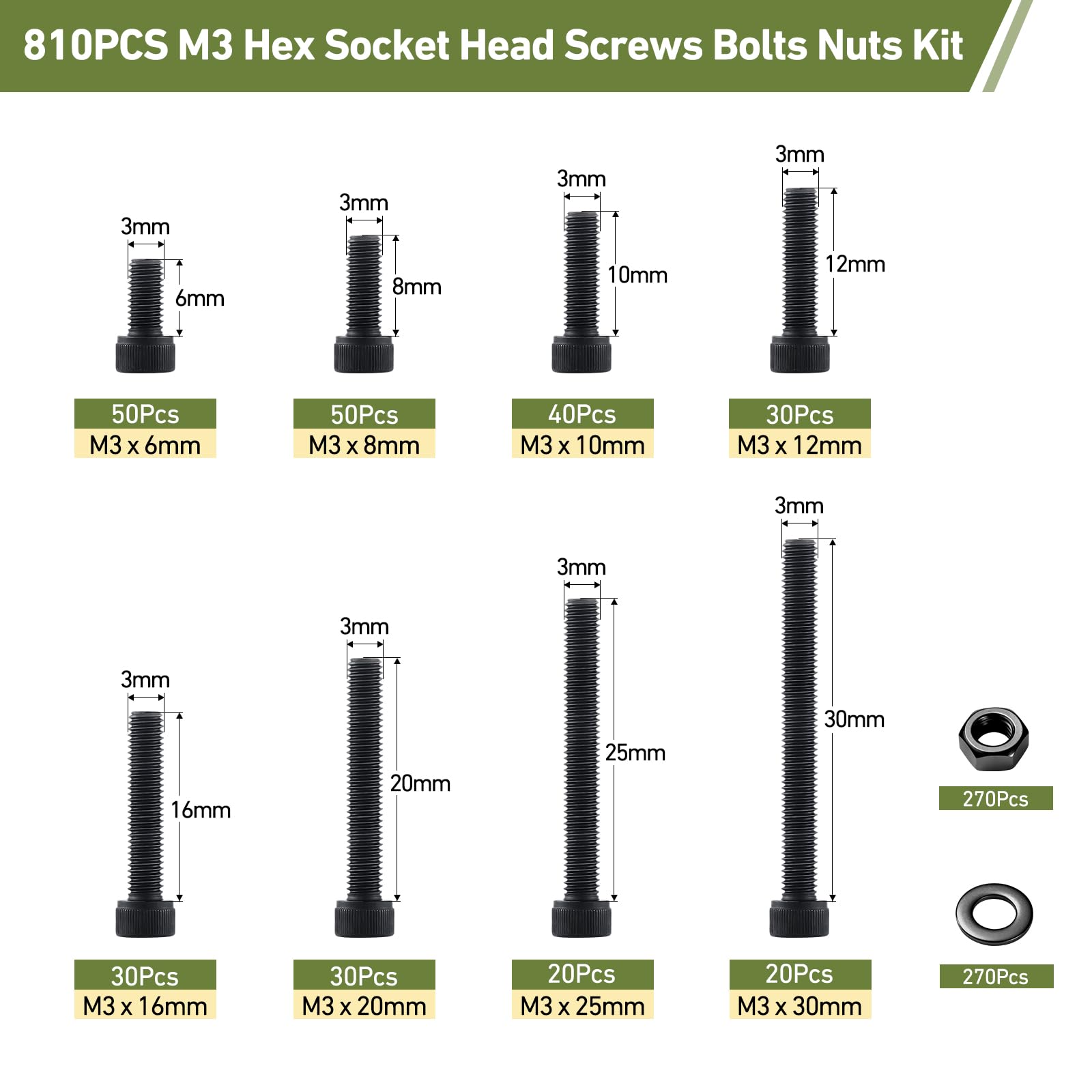 810Pcs M3 Screws Assortment Kit,Hex Socket Head Cap Screws Bolts Nuts Washer Set,12.9 Grade Alloy Steel,Black Oxide M3 x 6/8/10/12/16/20/25/30mm,for 3D Printer,DIY Project - 4