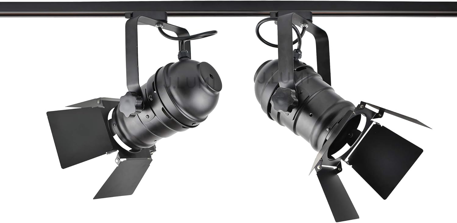 TRK9000 Industrial Track Lighting Head, Theater Style with Flippers, Studio Track Lighting for Showroom, Uses PAR30, A19 or ST64 Bulbs E26 Base, H Track Compatible, Black