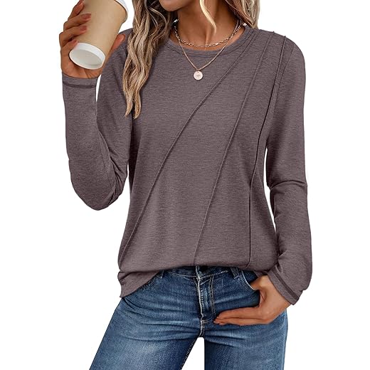 ATHMILE Womens Long Sleeve Shirts Pleated Crew Neck Casual Fall Fashion Tops Loose Fit Lightweight Girls Outfits Clothes