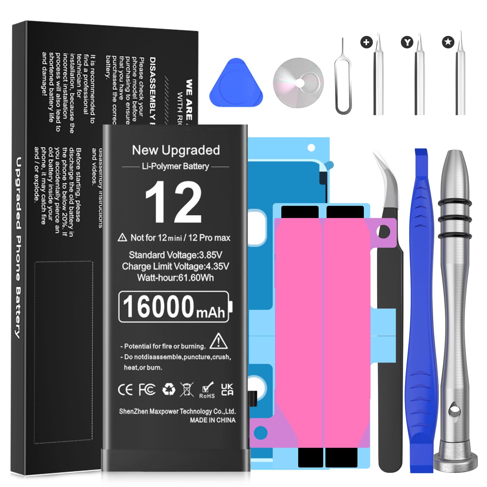 Batterie pour iPhone 12/iPhone 12 Pro, 16000mAh Batterie Lithium ION Haute capacité avec Outils de réparation New