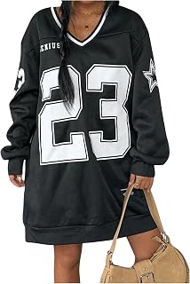 Women's Oversized Jersey Dress Y2K Number Print V Neck Long Sleeve Pullover Sweatshirt