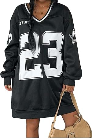 oversized jersey dress MakeMeChic Women's Y2K Number Print V Neck Long Sleeve Pullover Sweatshirt Women's Clothing Size:US 12 (L) oversized fit. subcategory2:Black Mini Dresses Midi dress with broderie