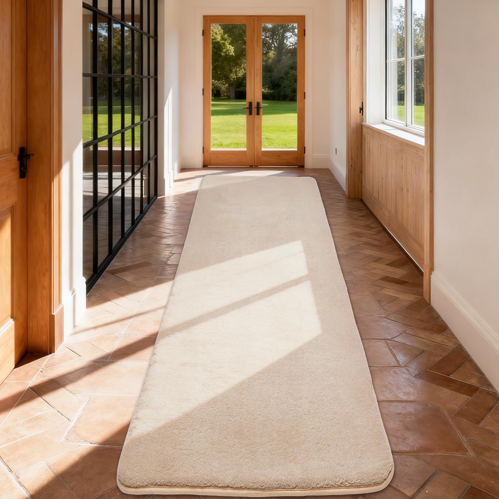 Puremy Tapis Couloir Long Uni 80x300cm, Ultra Doux à Poils Courts, Dessous Antidérapant et Lavable, Moderne et Durable, Confortable pour Entrée Interieur, Passage, Salon, Décoratif, Beige