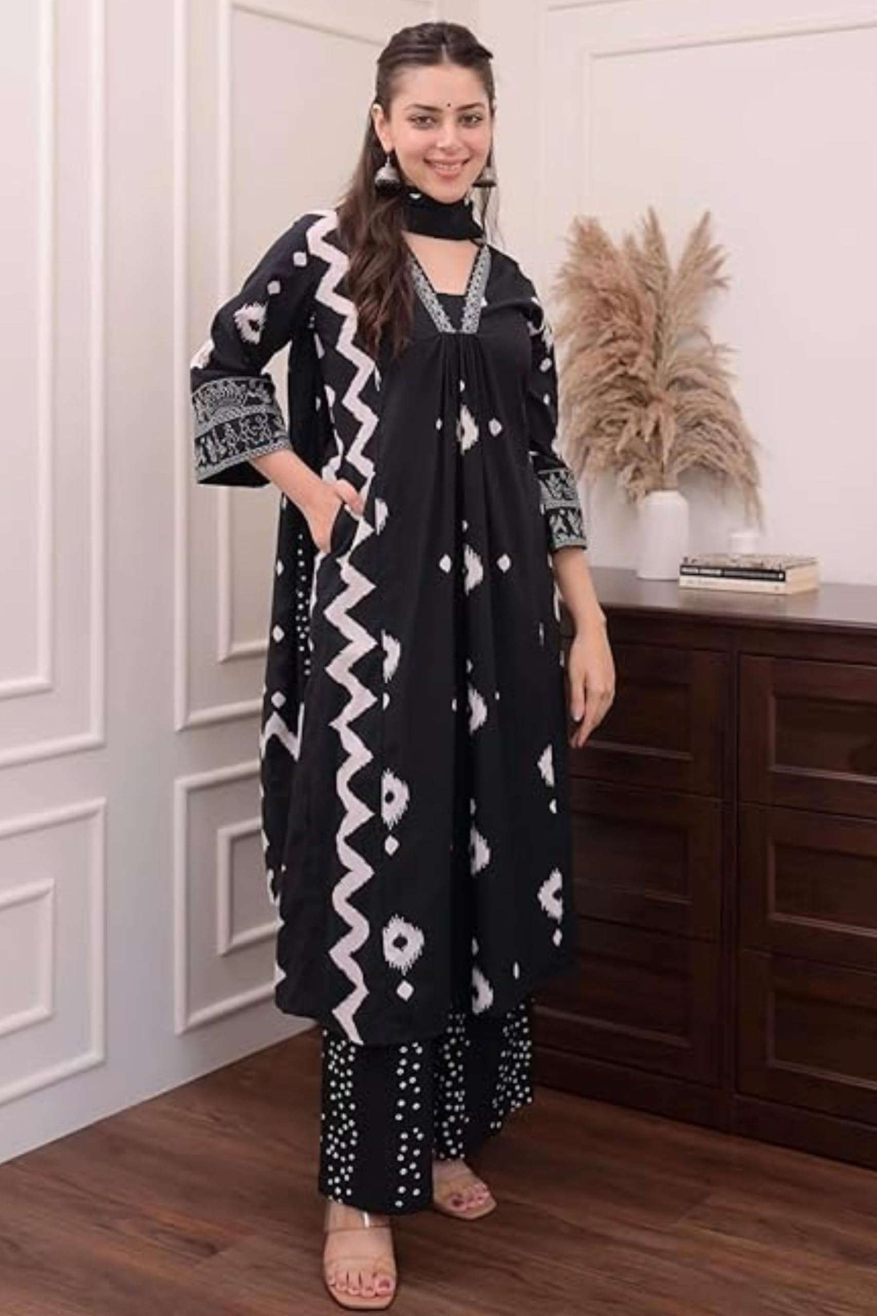 Jaanvi fashion Conjunto de kurta y pantalón de algodón puro con estampado floral para mujer con Dupatta