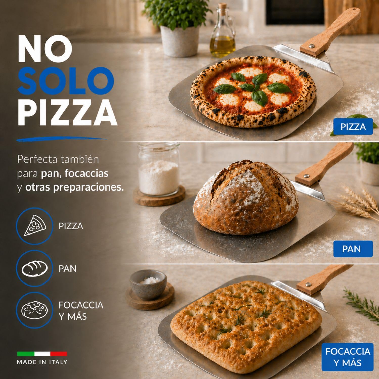INOXLM Pala para pizza corta de acero inoxidable mango plegable de haya 33,5 x 30,5 cm, pala para pizza ligera y ahorra espacio, ideal para horno doméstico – Fabricado en Italia