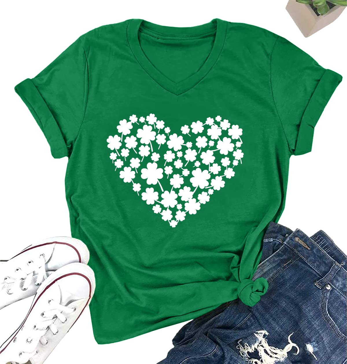 LOTUCY St. Patrick Day Green Shamrock Tee Shirt — Women’s Clover Vintage Tee Top — Four Leaf Retro V-Neck T-Shirt (Small)