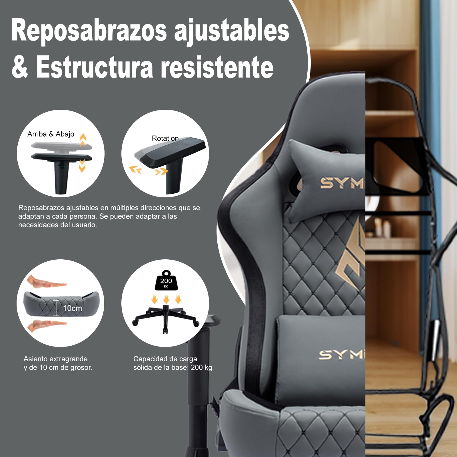 Symino Chaise Gamer Ergonomique - Fauteuil de Bureau avec Repose-Pieds Télescopique, Support Lombaire et Hauteur Réglable - 200kg (Simili Cuir Grey)