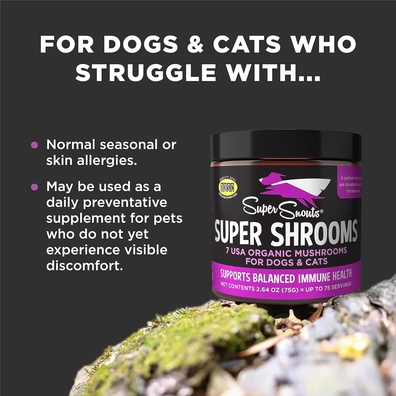 Super Snouts Super Shrooms, Probióticos para Perros y Gatos, Apoyo Inmunológico, Bote de 75 gr.