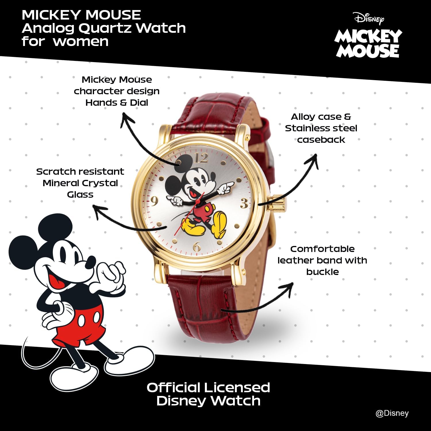 Disney Classic Mickey Mouse Moving Hands Watch, Iconic Design, Fun Animation – Stylish Mickey Mouse Watch for Women, Fans – Women's Watches with Black Leather Strap - Image 2