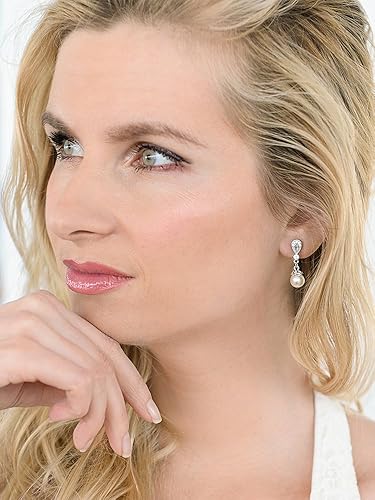 Miniatura 4 de Mariell Pendientes de boda vintage con circonita cúbica y perla de marfil para novias, chapado en platino genuino, Metal Gema Perla simulada,
