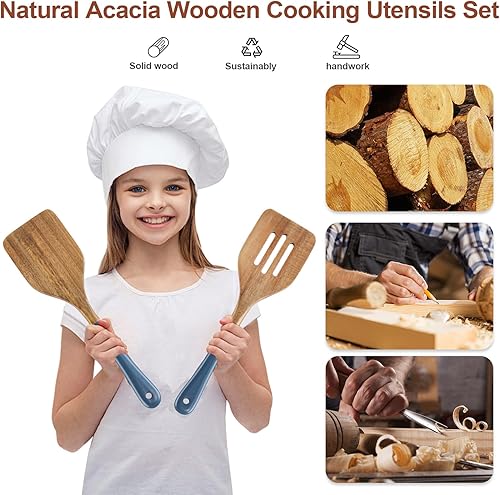Miniatura 8 de Cucharas de madera para cocinar, 6 utensilios de cocina de madera de acacia natural, juego de utensilios de cocina de madera antiadherente para