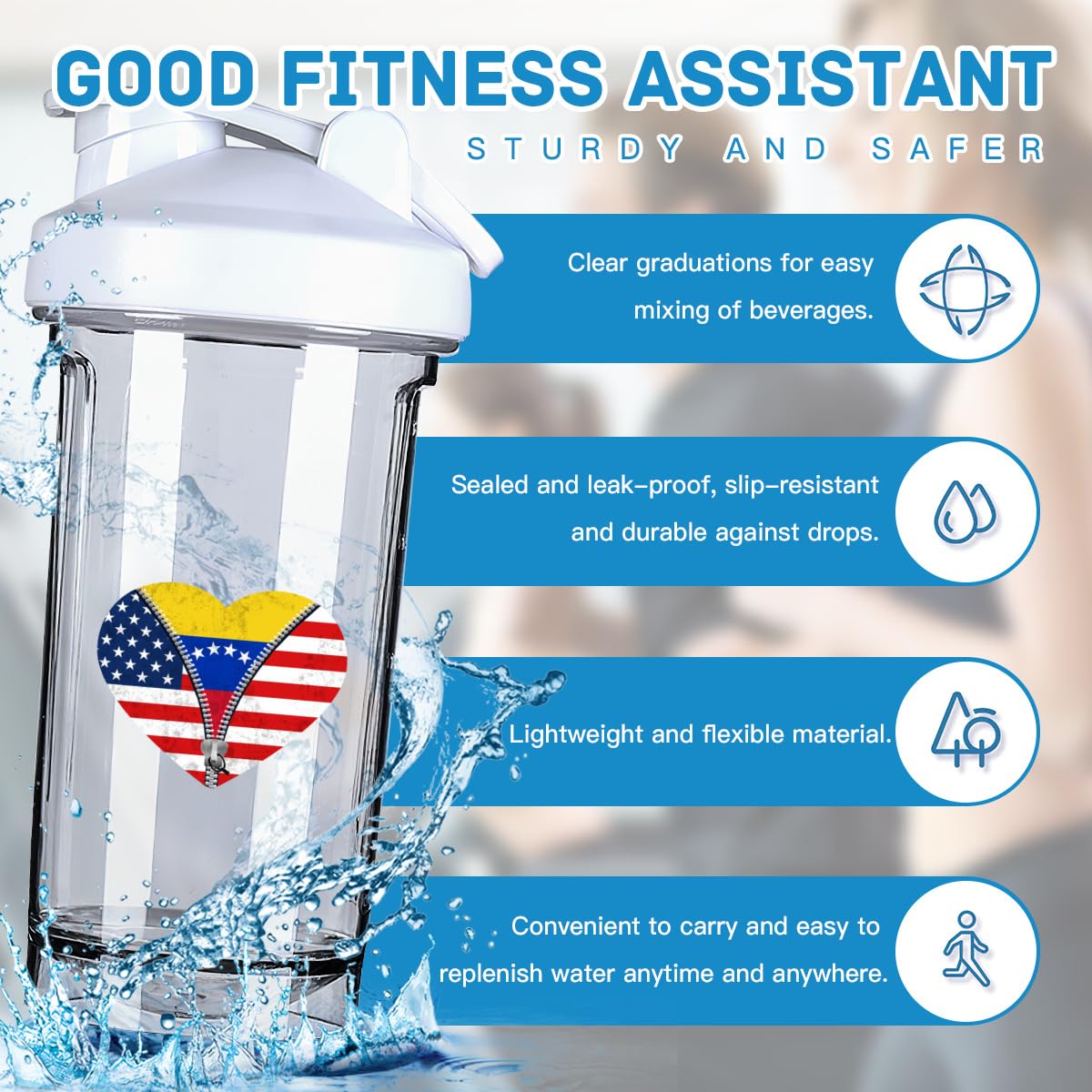 Heart America Flag and Venezuelans Flag 18 Ounce Shaker Cup,Fashion Theme Pattern Shaker Bottle Leak-proof Workout Shake Bottles 500ML/18 oz Perfect for Pre Workout