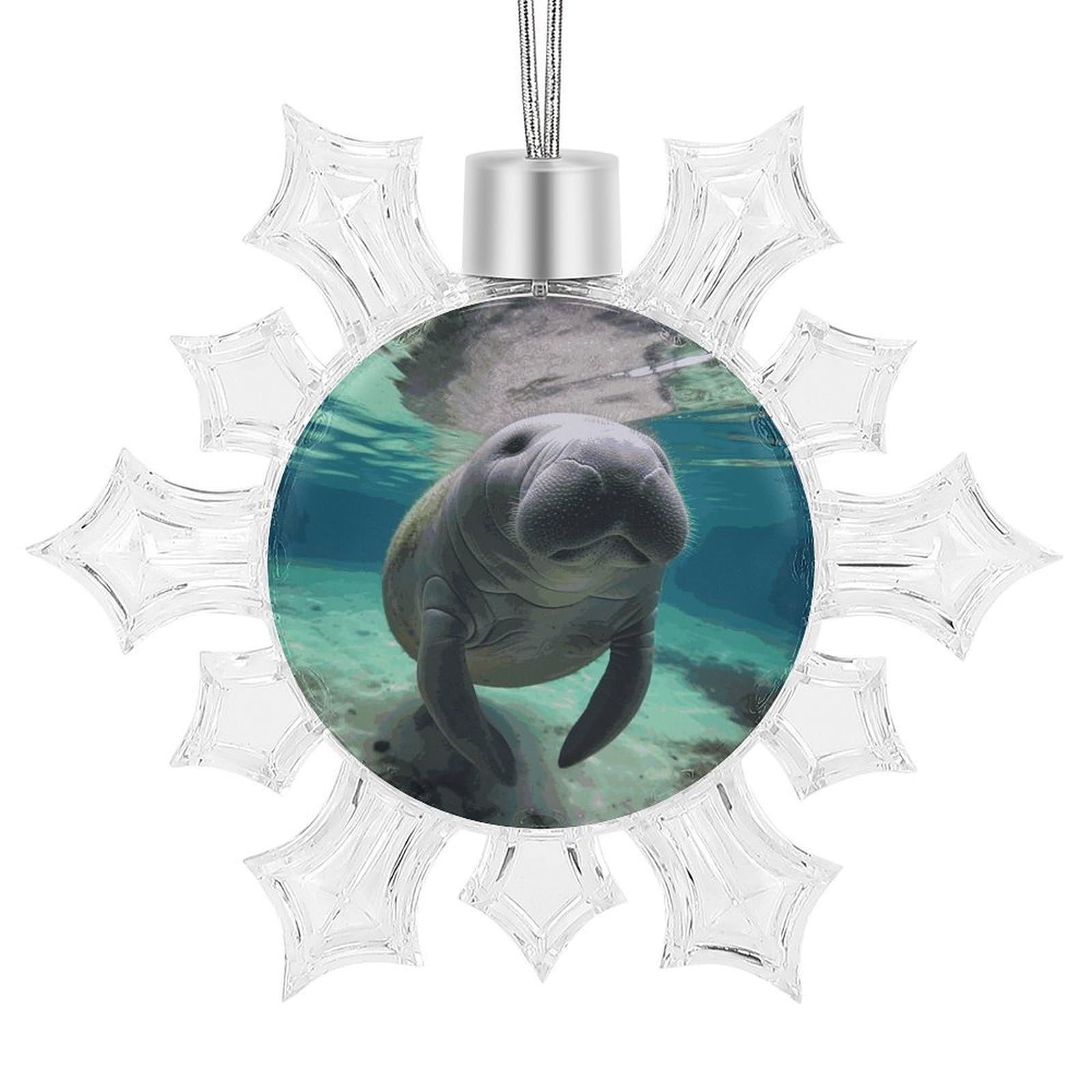 Snowflake Christmas Tree Ornaments,Cute Sea Animal Manatee Printed Snowflake Pendants Xmas Trees Hanging Ornaments for Christmas Tree Home Decoration