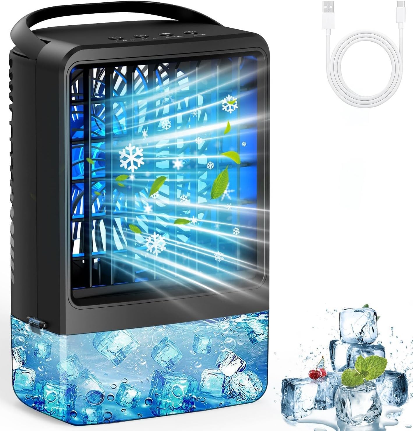 Small Air Conditioner Ice Fan Blow Cold Air USB Mini AC Air Portable Conditioners 2 Spray Ports 3 Wind Speed & 7 Colorful LED Light Cool Mist &Timer Evaporative Air Cooler for Bedroom/Home/Office