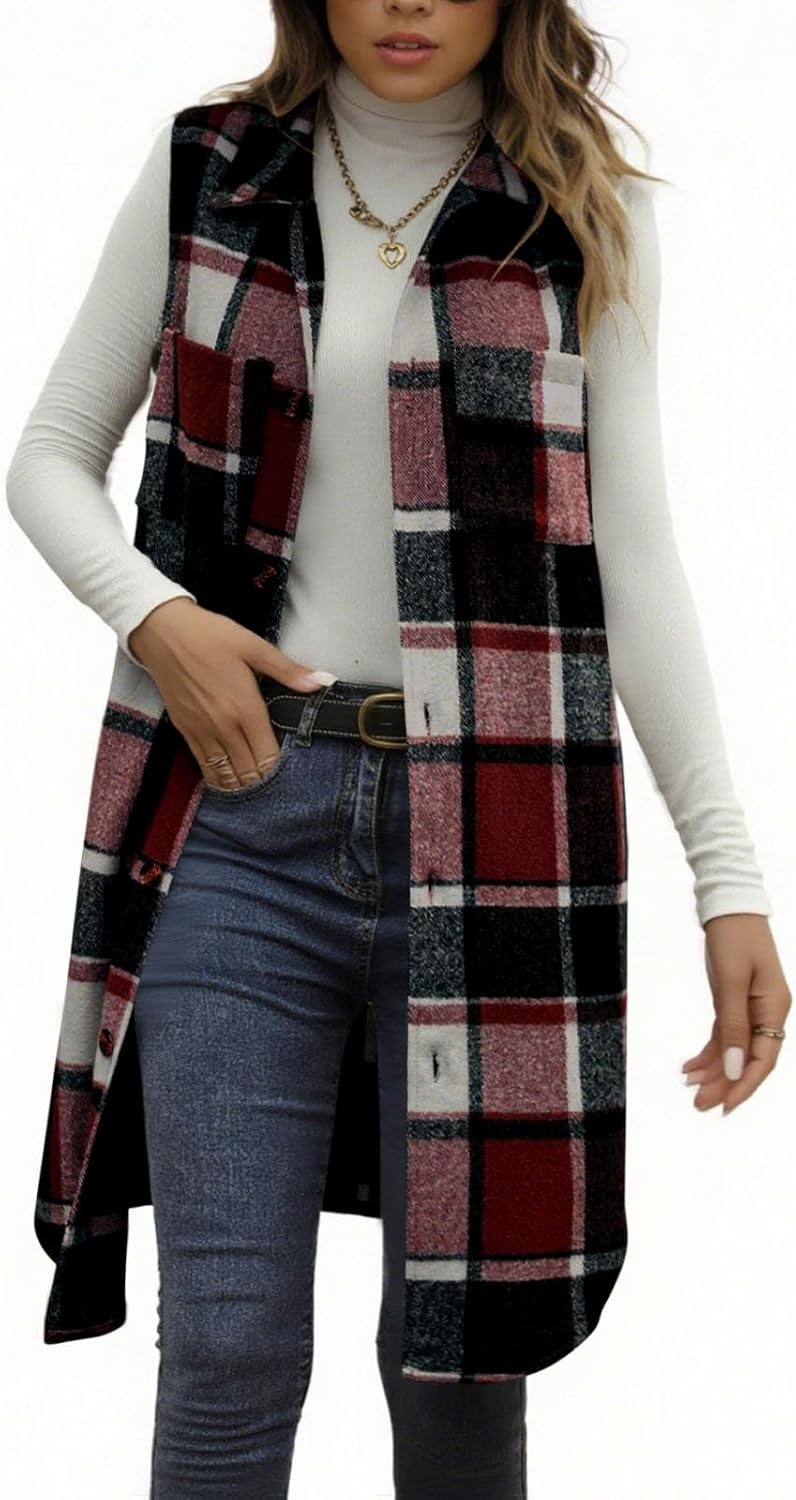 Women's Mid-Length Vest Cardigan Fashion Plaid Printed Sleeveless Button up Lapel Lightweight Woolen Shirt Jackets