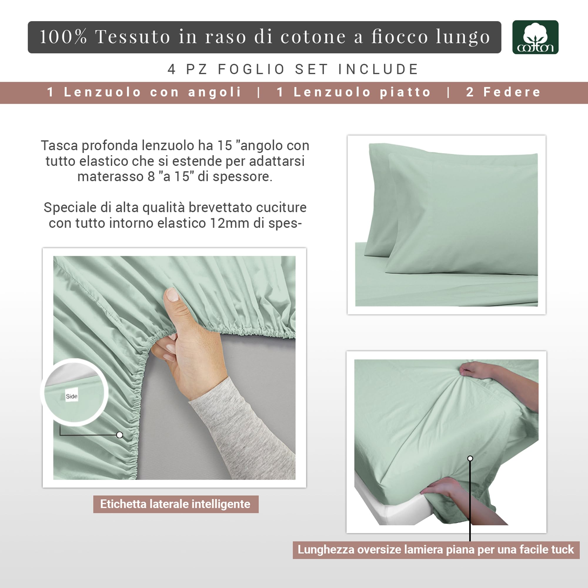Pizuna Set lenzuola letto matrimoniale Cotone 140x200 cm Schiuma Marina, 400 fili con trama Sateen in 100% Cotone a fiocco lungo Completo lenzuola con 1 lenzuolo con angoli, 1 lenzuolo sopra, 2 federe