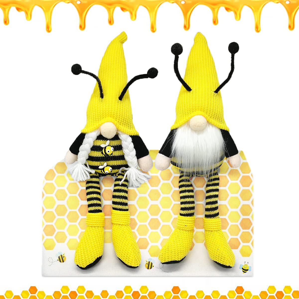 Sunflower Spring Gnome Mantel Display, Farmhouse Tiered Tray Rustic Scandinavian gnome Figurines, Bee Stuffed Gnome Plush (Couple)