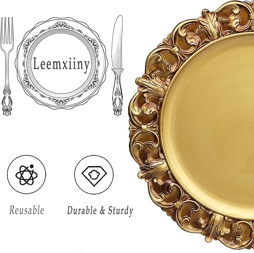 Miniatura 4 de Leemxiiny Juego de 6 platos de carga dorados antiguos con borde festoneado dorado, cargadores de platos para platos de cena, boda, decoración de