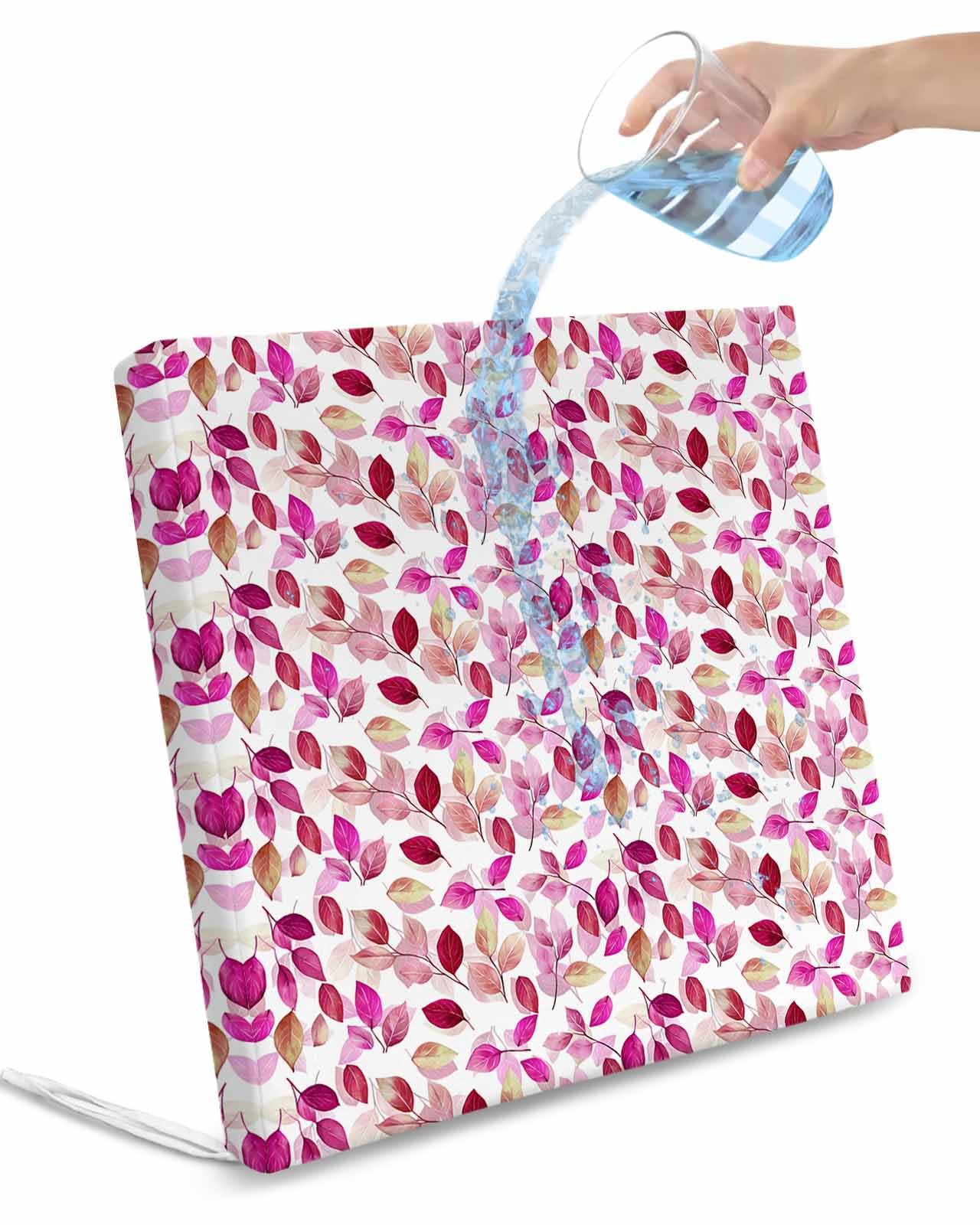 2 Pack Red Pink Leaves Waterproof Cushion Covers with Ties, Outdoor Patio Chaise Lounge Chair Seat Cushion Slip Covers Replacement(Only Cover) Summer Botanical Pastoral Plants 22