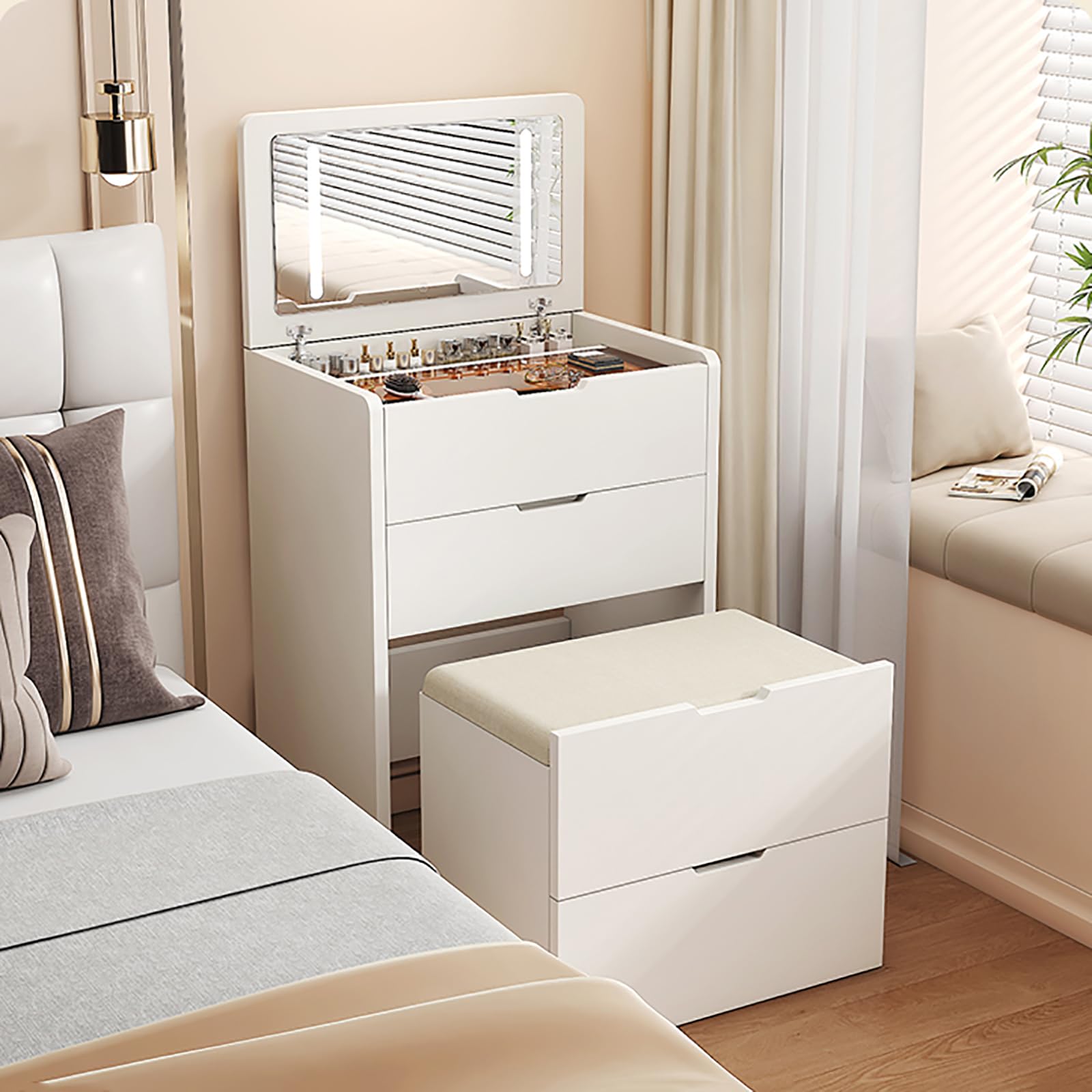 Tocador con luz LED blanco de 45 cm y espejo abatible para dormitorio
