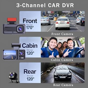 Hasuba 3 Kameralı Araç İçi Kamera Seti-1080P Full HD,170° Geniş Açı Ön,120° Kabin İç Kamera,Gece Görüşlü Su Geçirmez Arka Park Kamerası,Döngüsel Kayıt Ve G-Sensor Destekli 360-2