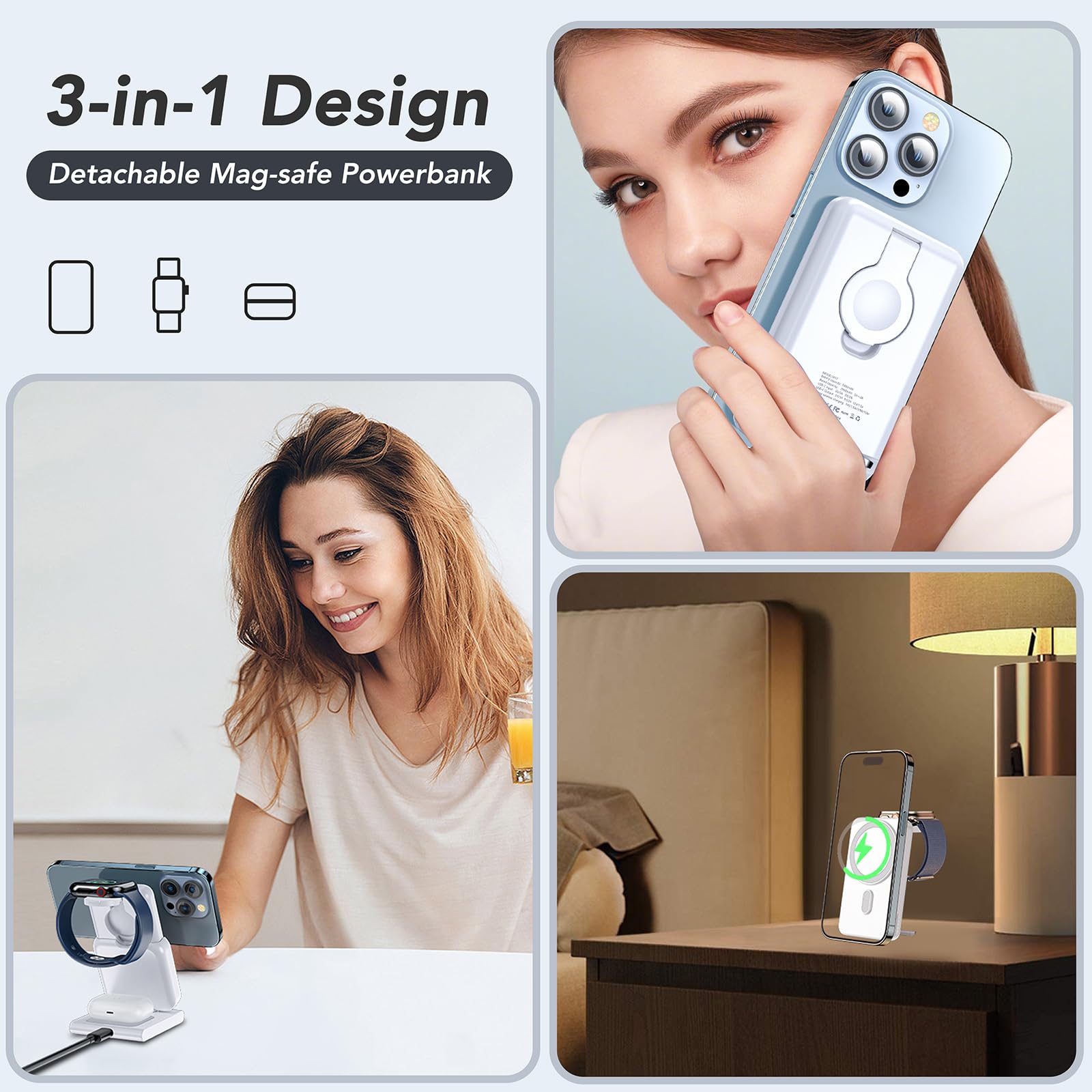 3 in 1 Wireless Charging Station,5000mAh Fast Foldable Portable Charger Battery Pack USB C Power Bank for MagSafe,for iPhone 15 14 13 12 Series/Apple Watch/Airpods with 20W Charger Adapter (White)