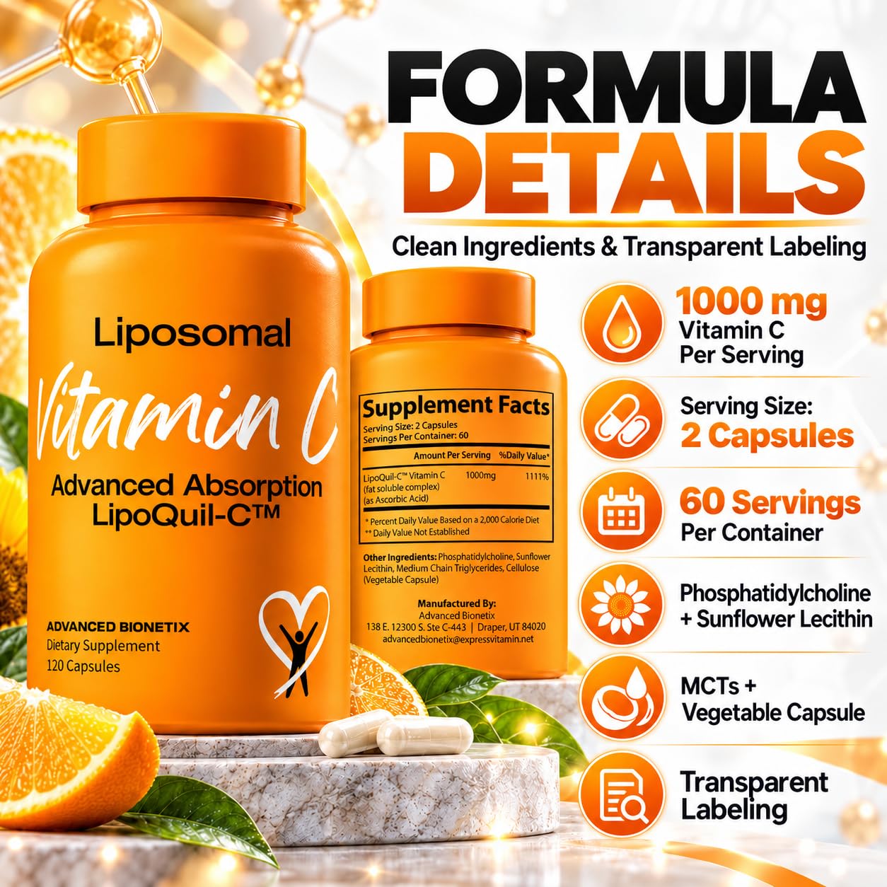 Advanced Bionetix Liposomal Vitamin C Supplement | LipoQuil-C™ Enhanced Absorption Technology | 120 Capsules 1000mg High Dose Fat Soluble Vita C | Immune Support Collagen Support — Amazon image 7